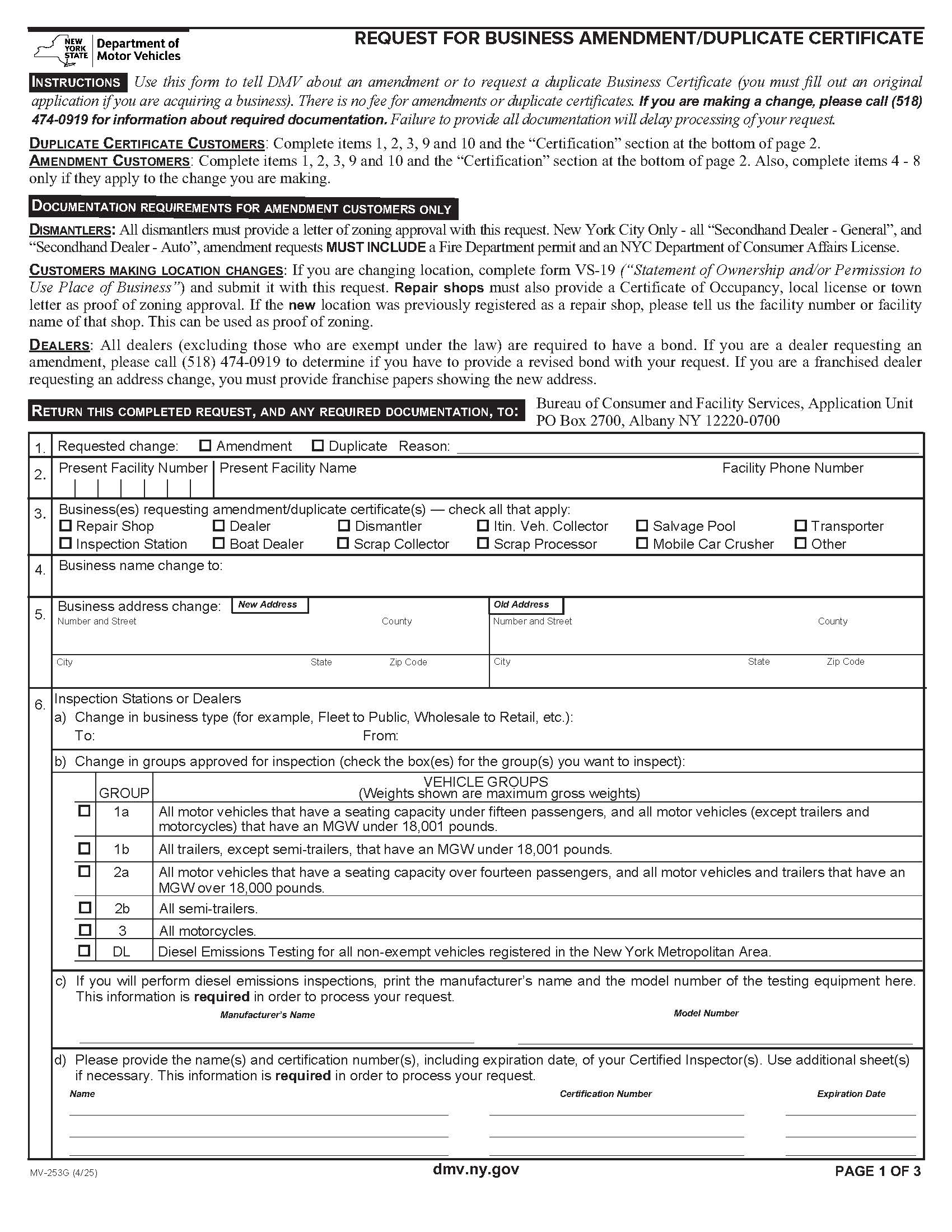 Request For Business Amendment Or Duplicate Certificate {MV-253G} | Pdf Fpdf Docx | New York
