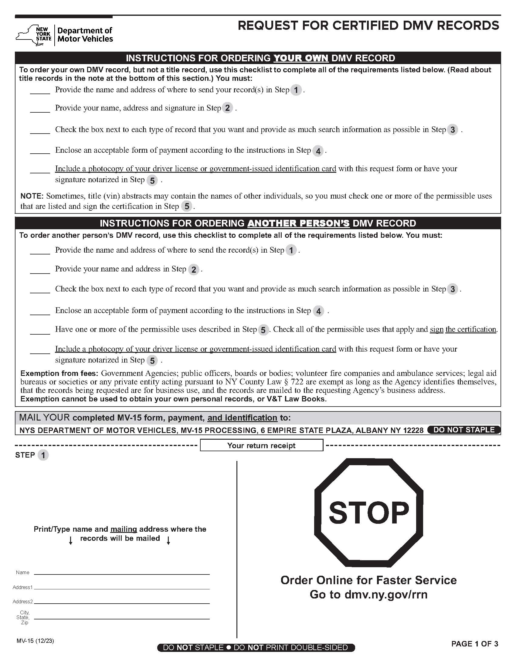 Request For Certified DMV Records {MV-15} | Pdf Fpdf Docx | New York