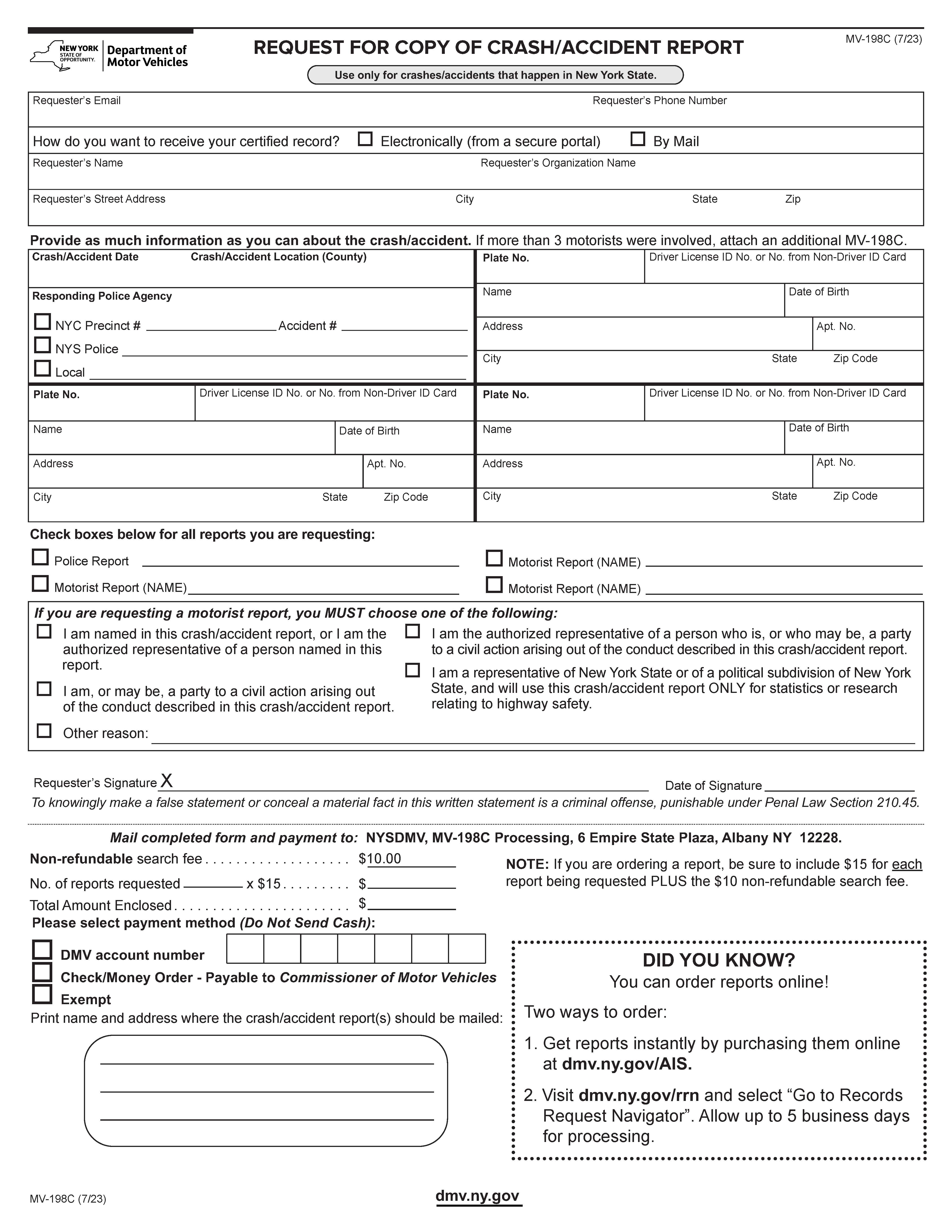 Request For Copy Of Accident Report {MV-198C} | Pdf Fpdf Docx | New York