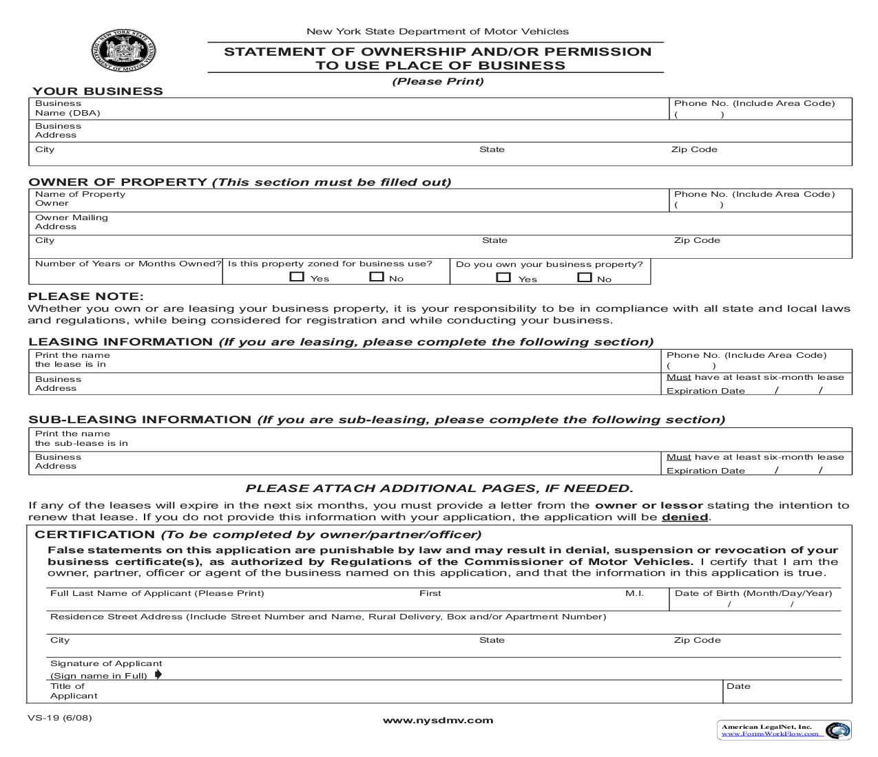 Statement Of Ownership And Or Permission To Use Place Of Business {VS-19} | Pdf Fpdf Doc Docx | New York