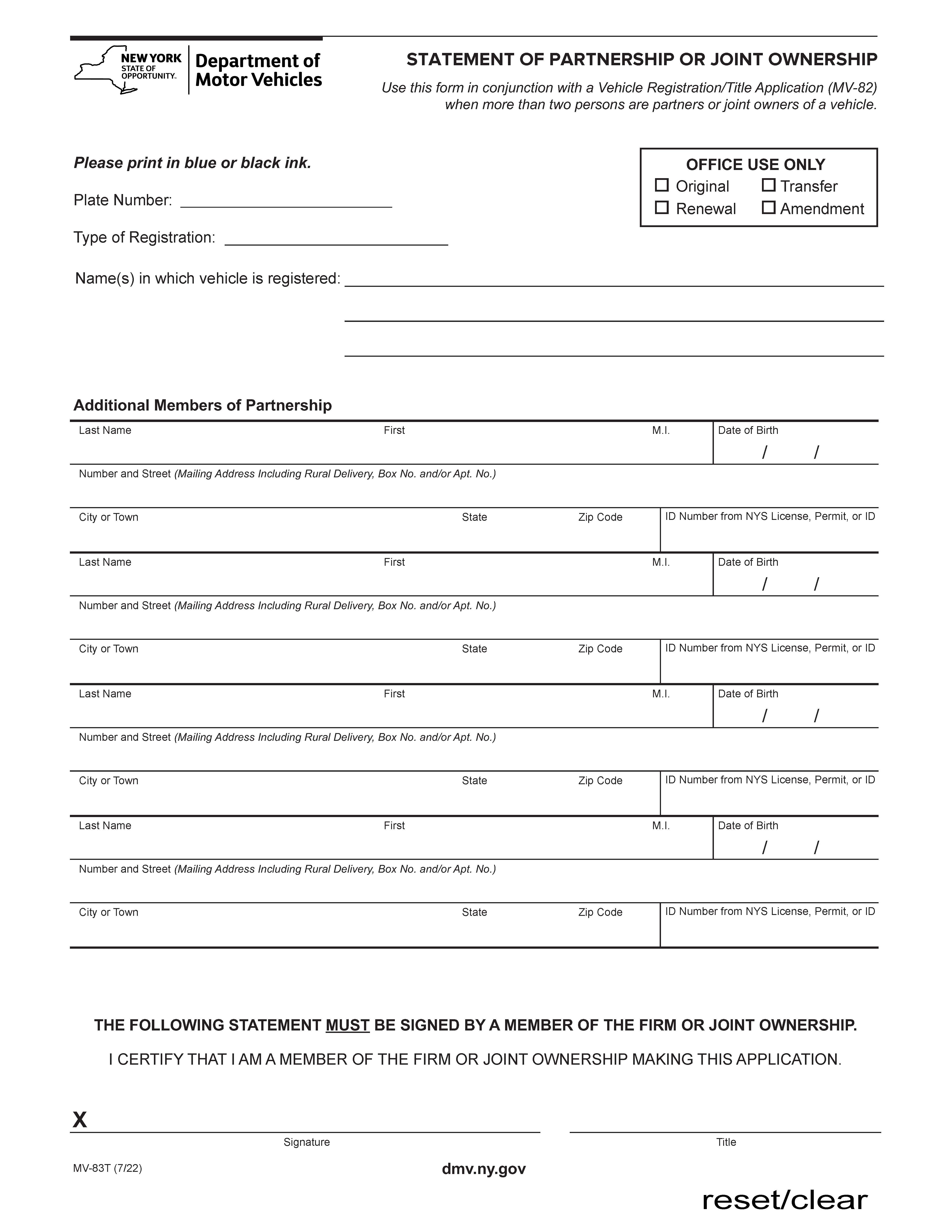 Statement Of Partnership Or Joint Ownership {MV-83T} | Pdf Fpdf Doc Docx | New York
