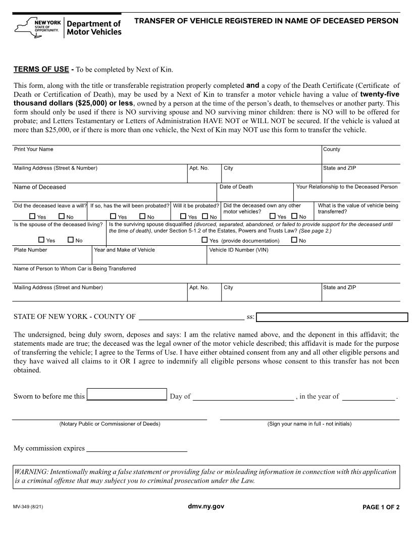 Transfer Of Vehicle Registered In Name Of Deceased Person {MV-349} | Pdf Fpdf Doc Docx | New York