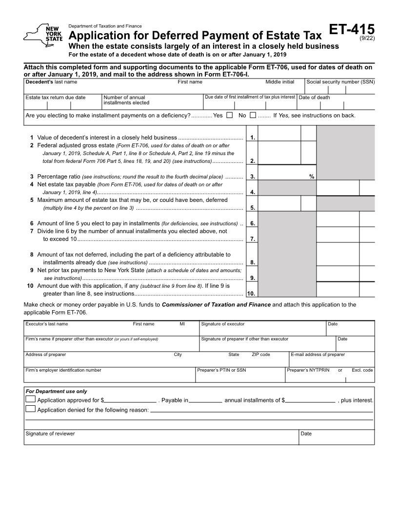 Application For Deferred Payment Of Estate Tax (DOD From 1-1-2019) {ET-415} | Pdf Fpdf Docx | New York