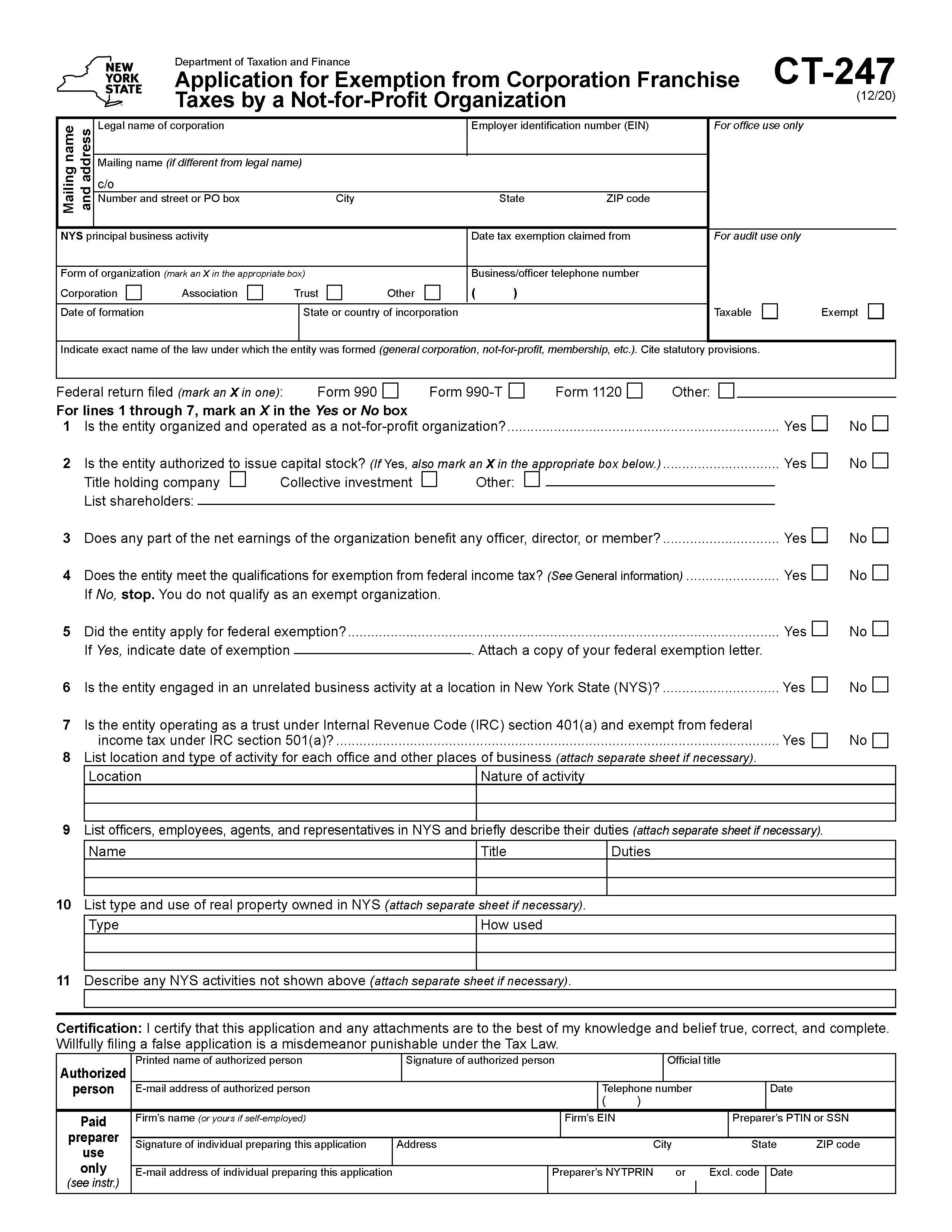 Application For Exemption From Corporation Franchise Taxes By Not-For-Profit Corporation {CT-247} | Pdf Fpdf Docx | New York