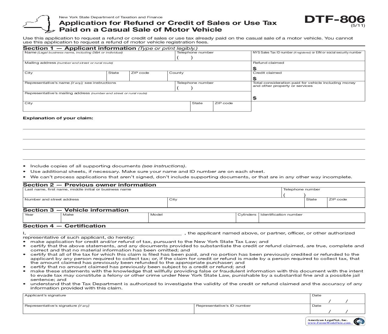 Application For Refund And-Or Credit Of Sales Or Use Tax Paid On Casual Sale Of Motor Vehicle {DTF-806} | Pdf Fpdf Doc Docx | New York