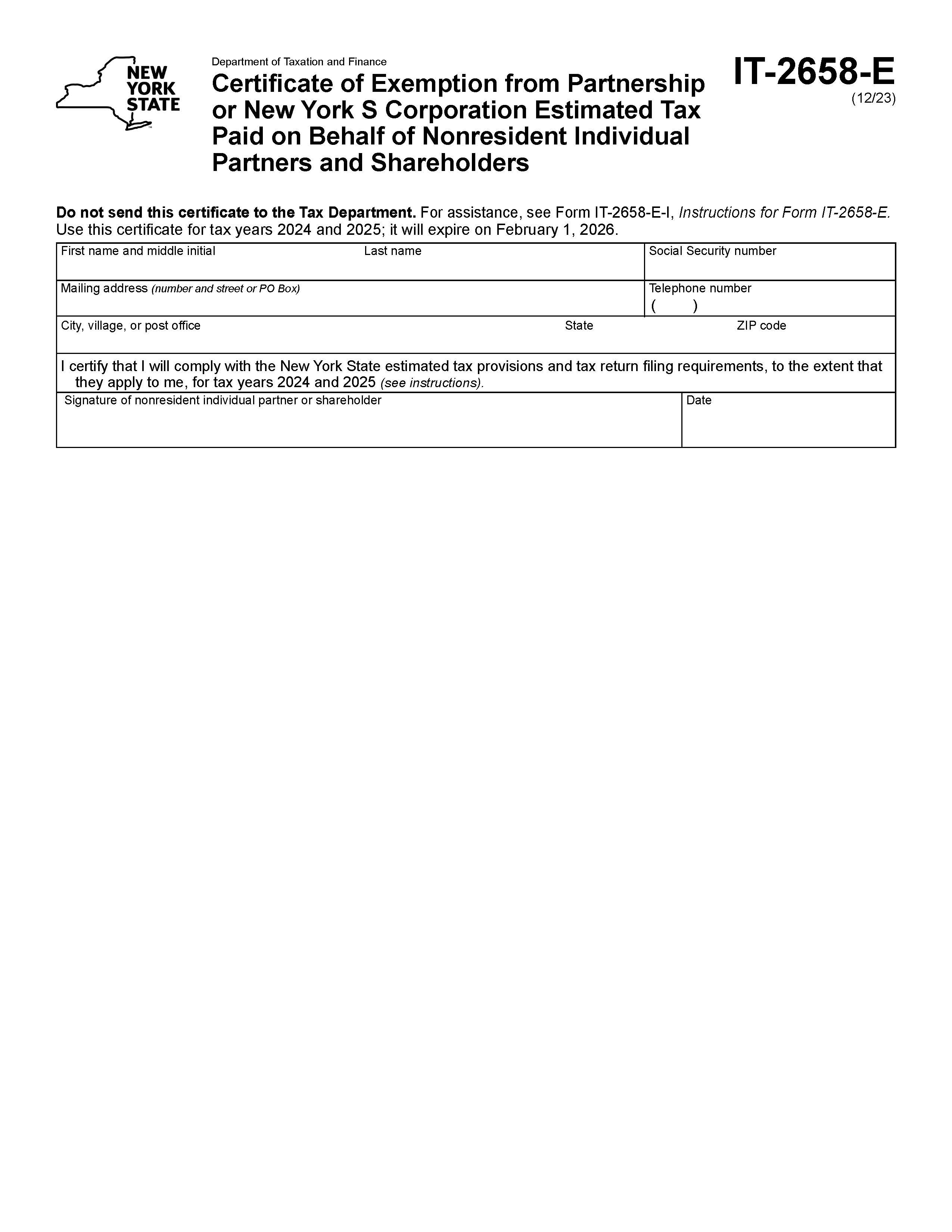 Certificate Of Exemption From Partnership Or S Corporation Estimated Tax Nonresidents {IT-2658-E} | Pdf Fpdf Docx | New York