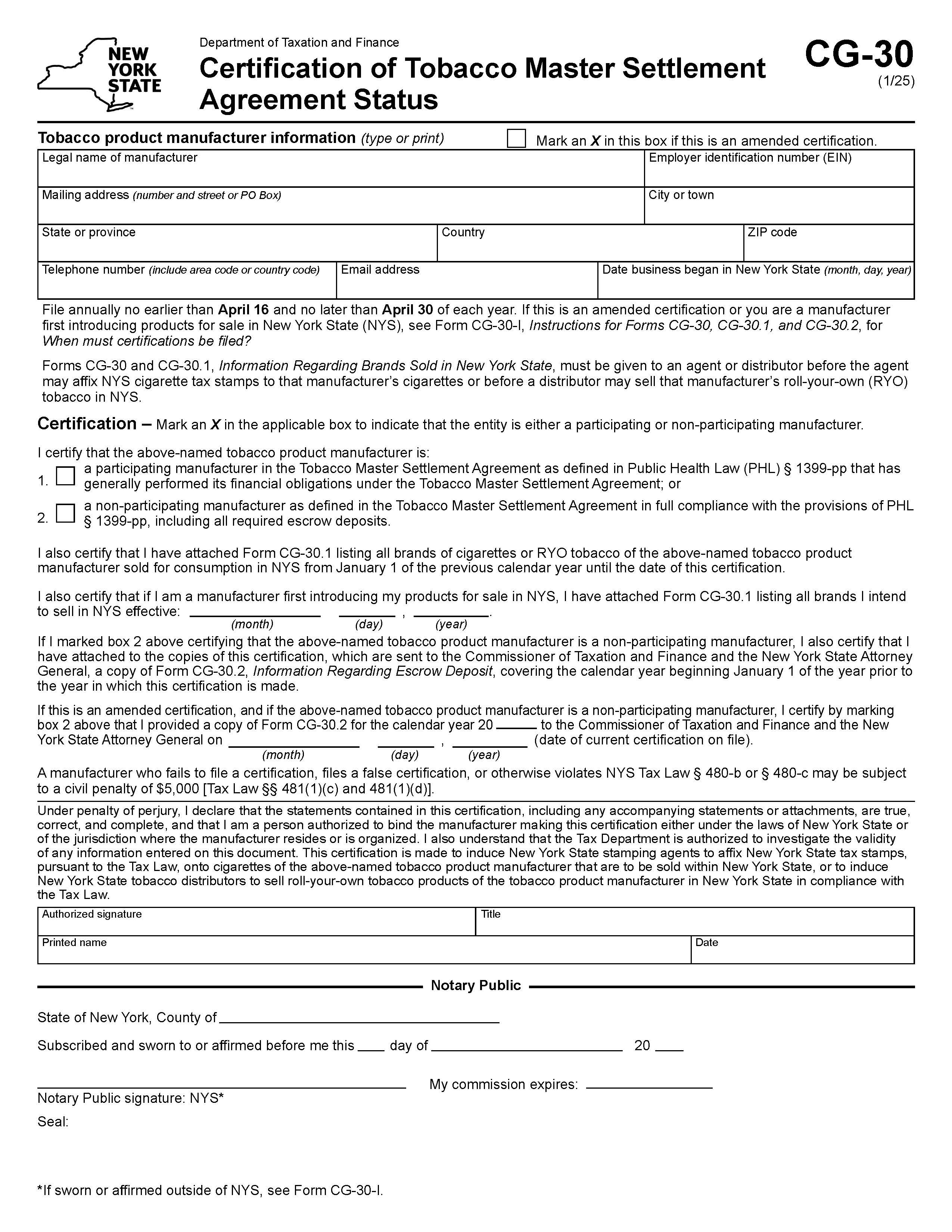 Certification Of Tobacco Master Settlement Agreement Status {CG-30} | Pdf Fpdf Doc Docx | New York