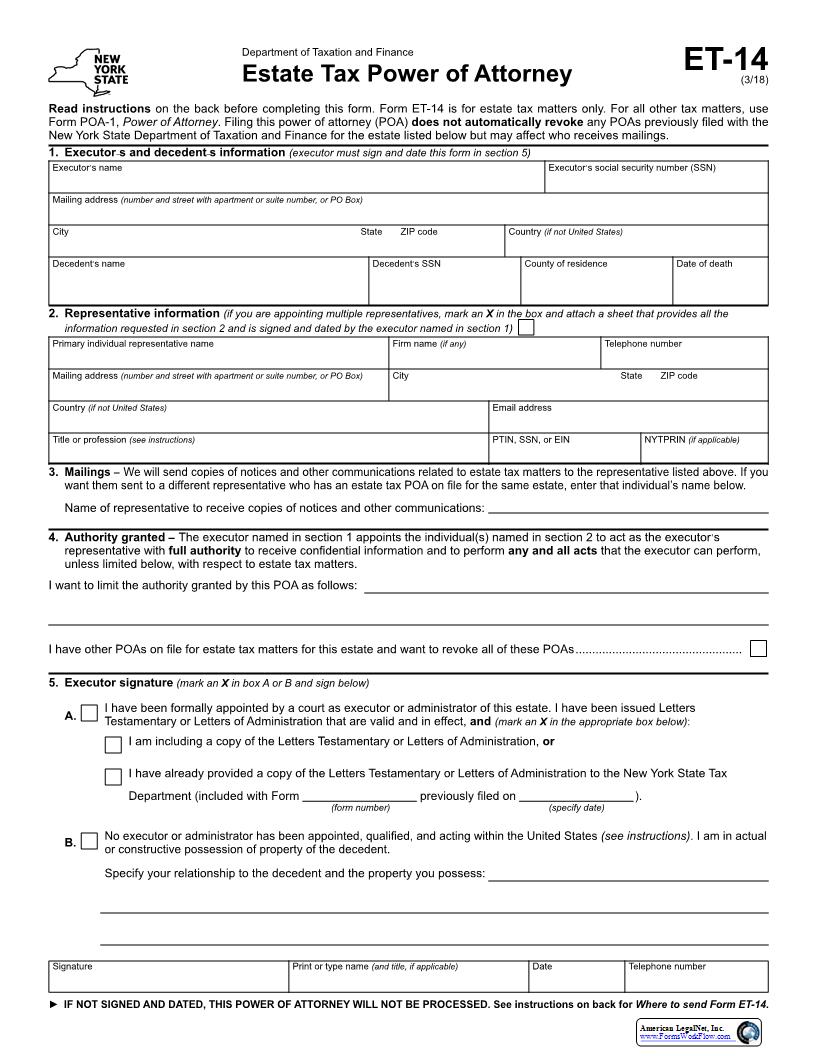 Estate Tax Power Of Attorney {ET-14} | Pdf Fpdf Docx | New York