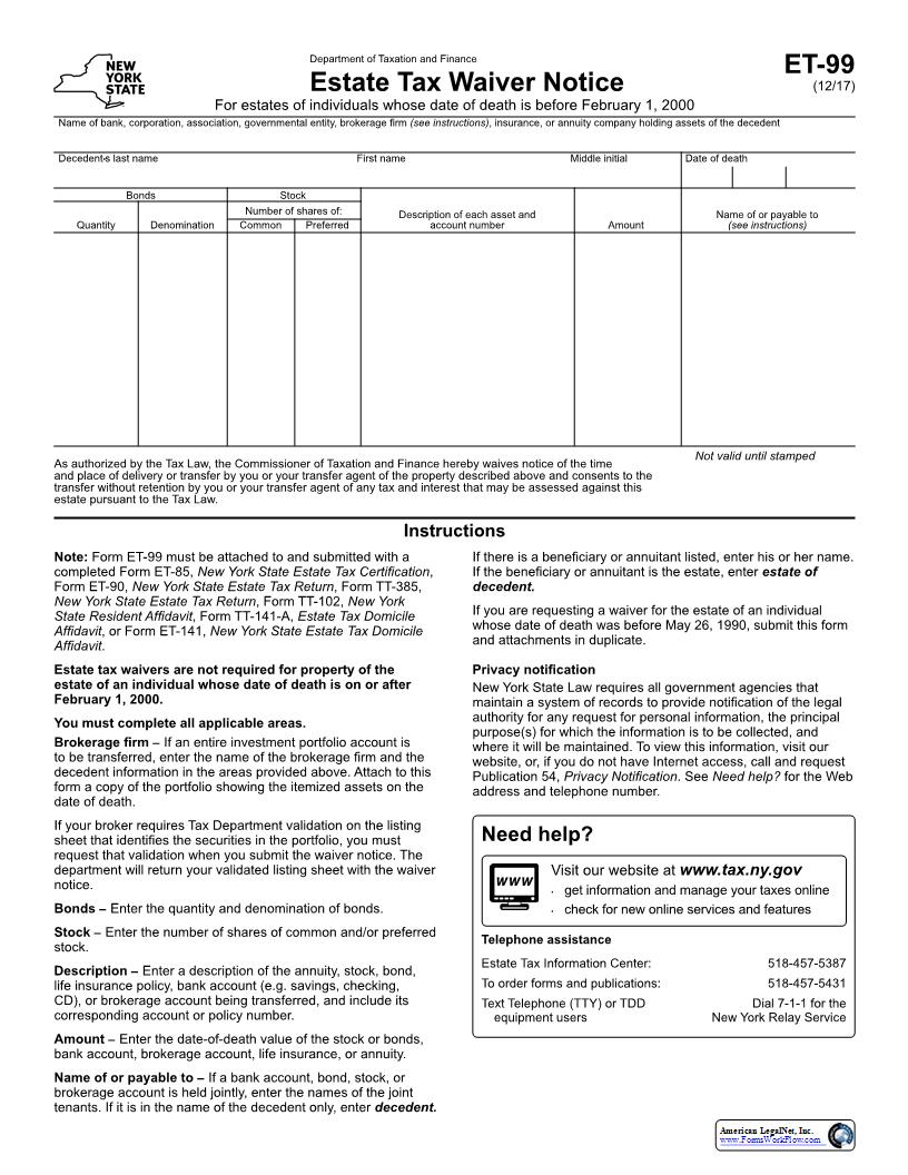 Estate Tax Waiver Notice {ET-99} | Pdf Fpdf Docx | New York