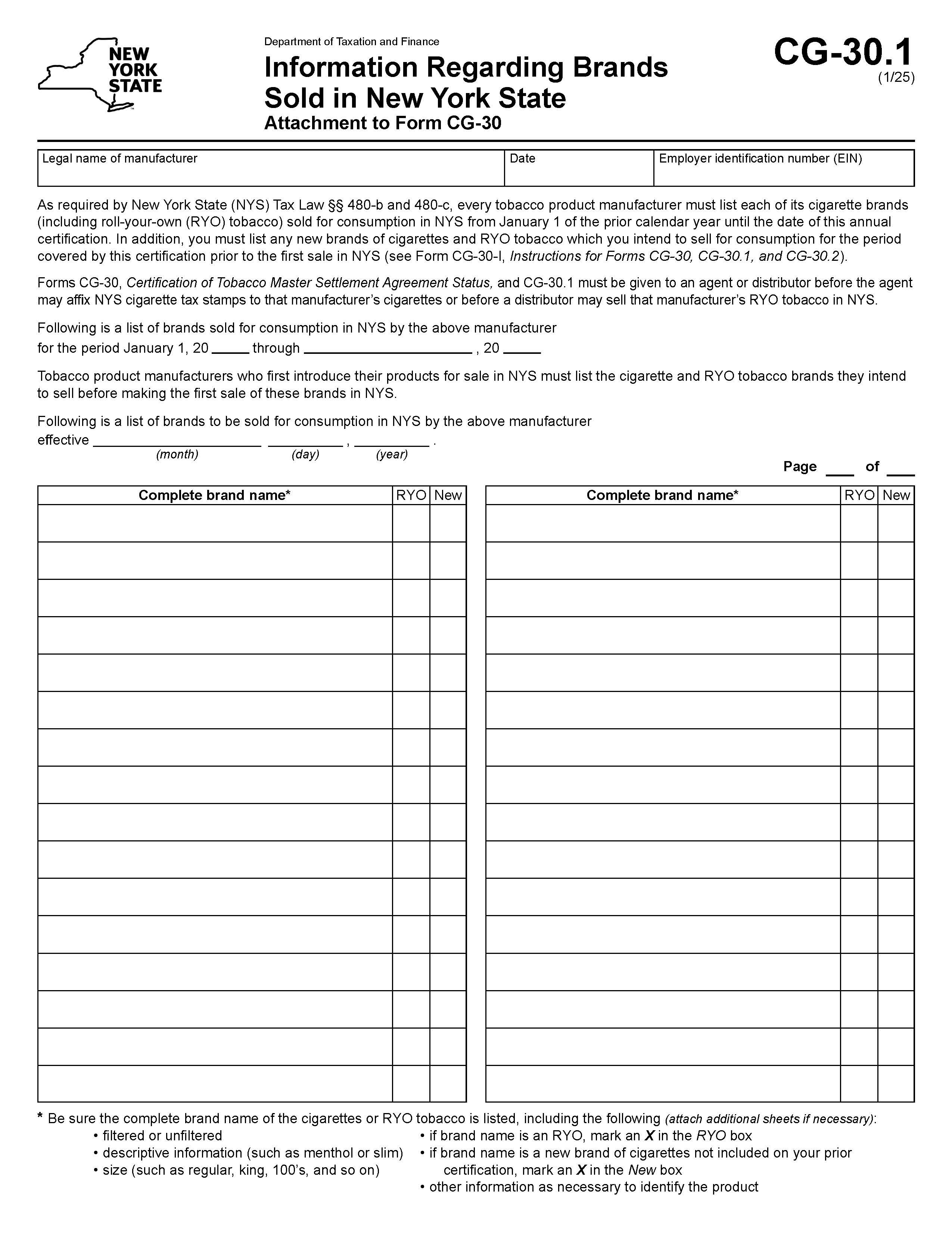 Information Regarding Brands Sold In New York State {CG-30.1} | Pdf Fpdf Doc Docx | New York