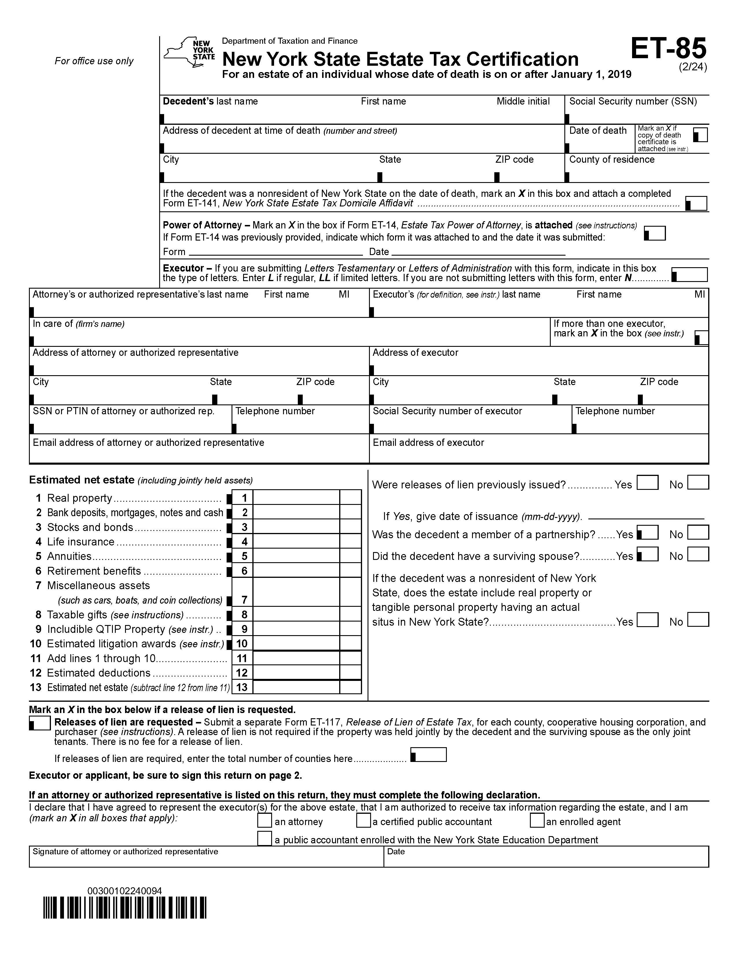 New York State Estate Tax Certification {ET-85} | Pdf Fpdf Doc Docx | New York