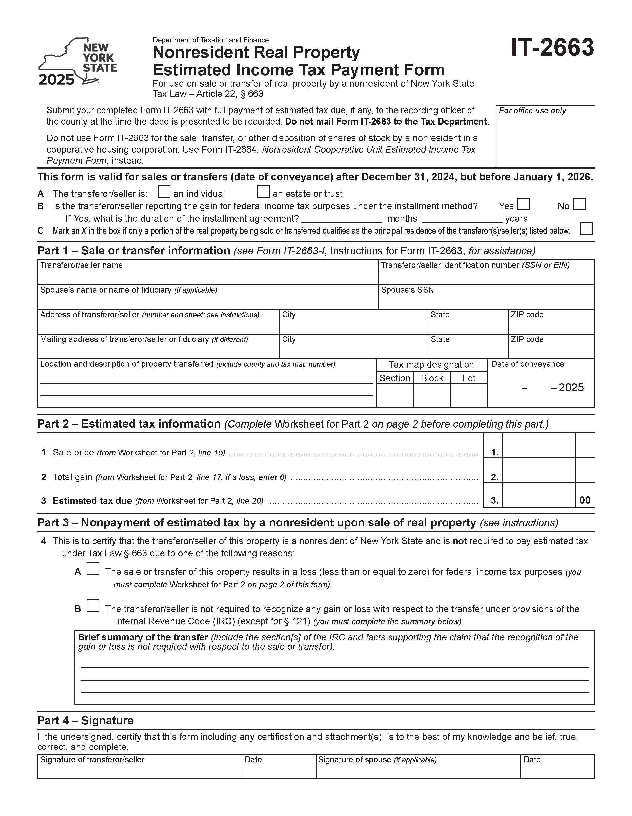 Nonresident Real Property Estimated Income Tax Payment Form 2025 {IT-2663} | Pdf Fpdf Docx | New York