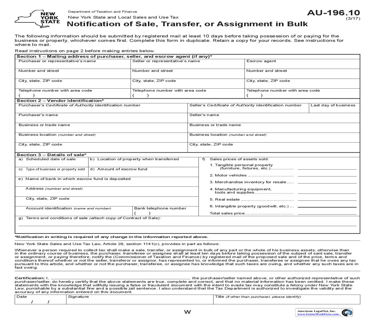 Notification Of Sale Transfer Or Assignment In Bulk {AU-196.10} | Pdf Fpdf Doc Docx | New York