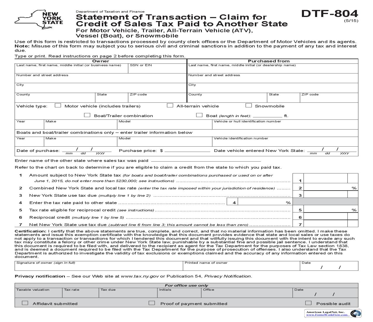 Statement Of Transaction - Claim For Credit Of Sales Tax Paid To Another State {DTF-804} | Pdf Fpdf Doc Docx | New York