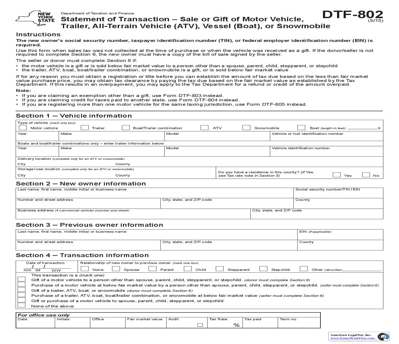 Statement Of Transaction - Sale Or Gift Of Motor Vehicle Trailer ATV Vessel (Boat) Or Snowmobile {DTF-802} | Pdf Fpdf Doc Docx | New York