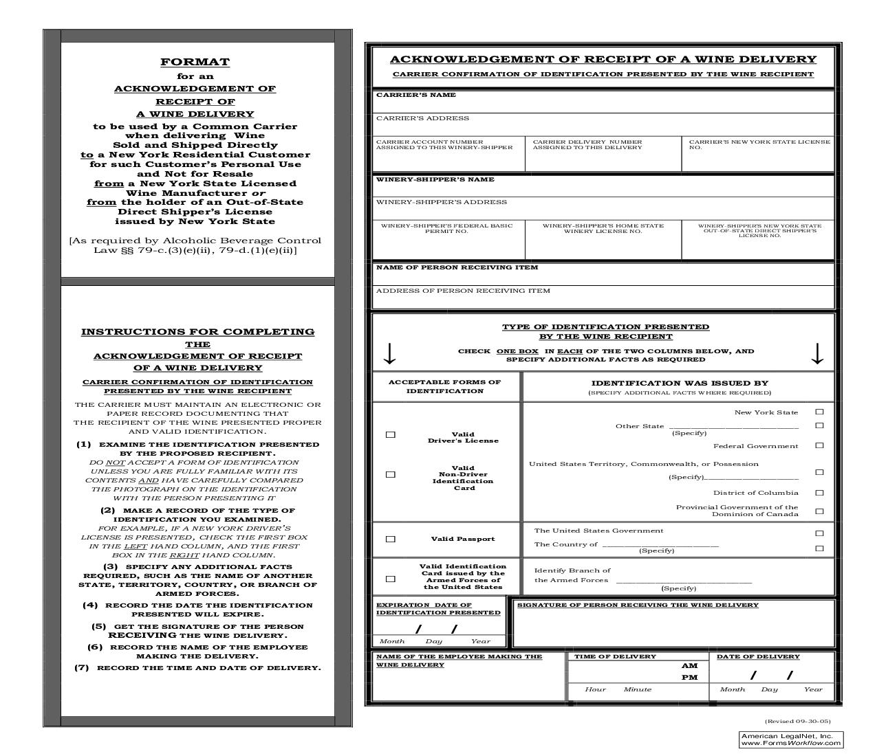 Acknowledgement Of Receipt Of A Wine Delivery {DSA-AR} |  | New York