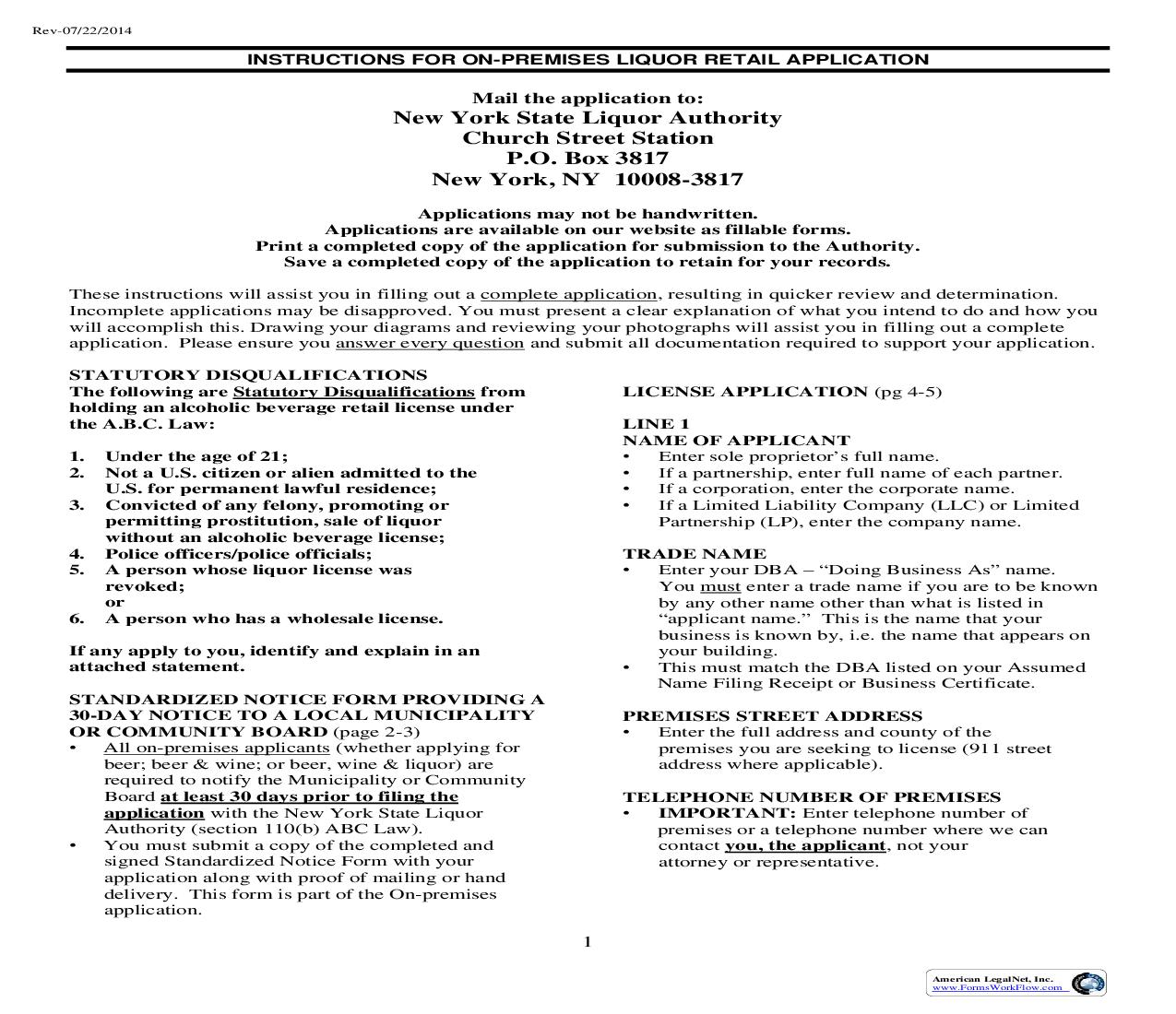 Application For Alcoholic Beverage Control Retail License (On Premises) Instructions |  | New York