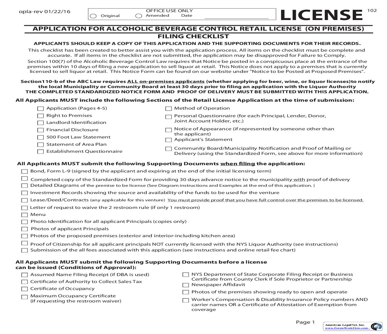 Application For Alcoholic Beverage Control Retail License (On Premises) |  | New York