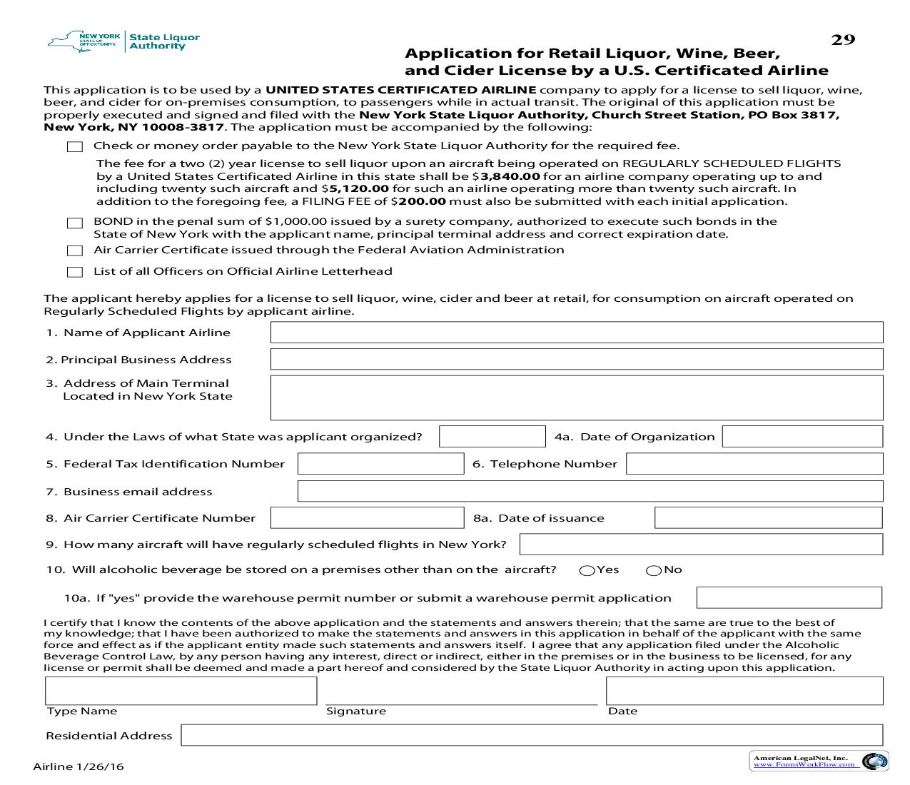 Application For Retail Liquor Wine And Beer License By US Certificated Airline {260} |  | New York