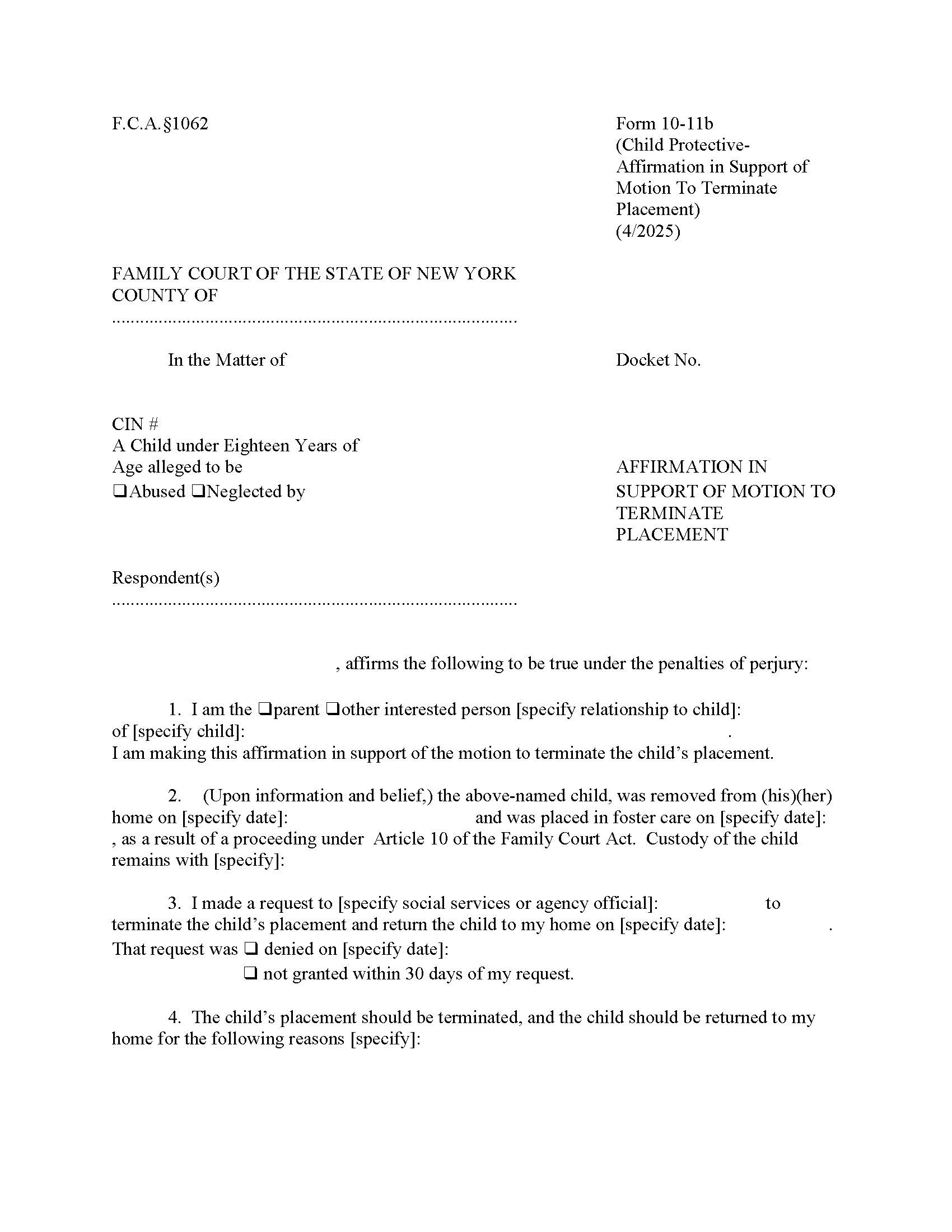 Affidavit In Support Of Motion To Terminate Placement {10-11b} | Pdf Fpdf Doc Docx | New York