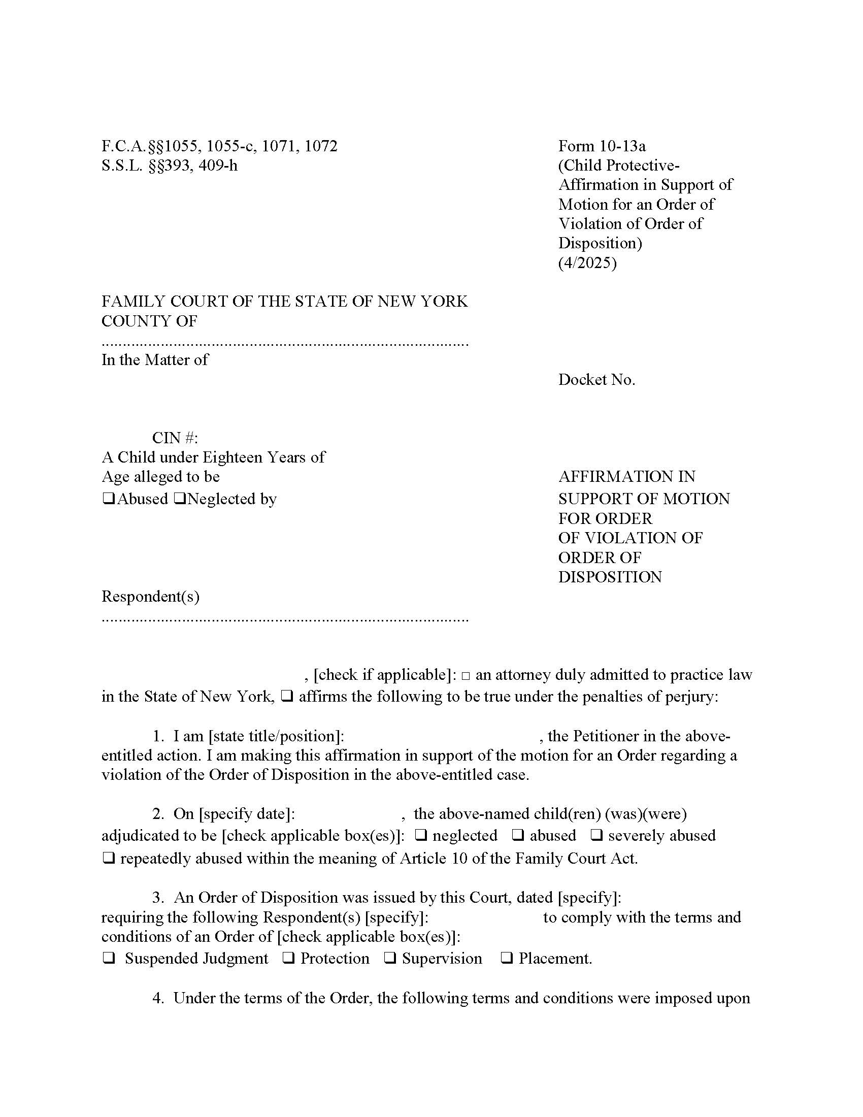 Affirmation In Support Of Motion For Order Of Violation Of Order Of Disposition {10-13a} | Pdf Fpdf Doc Docx | New York