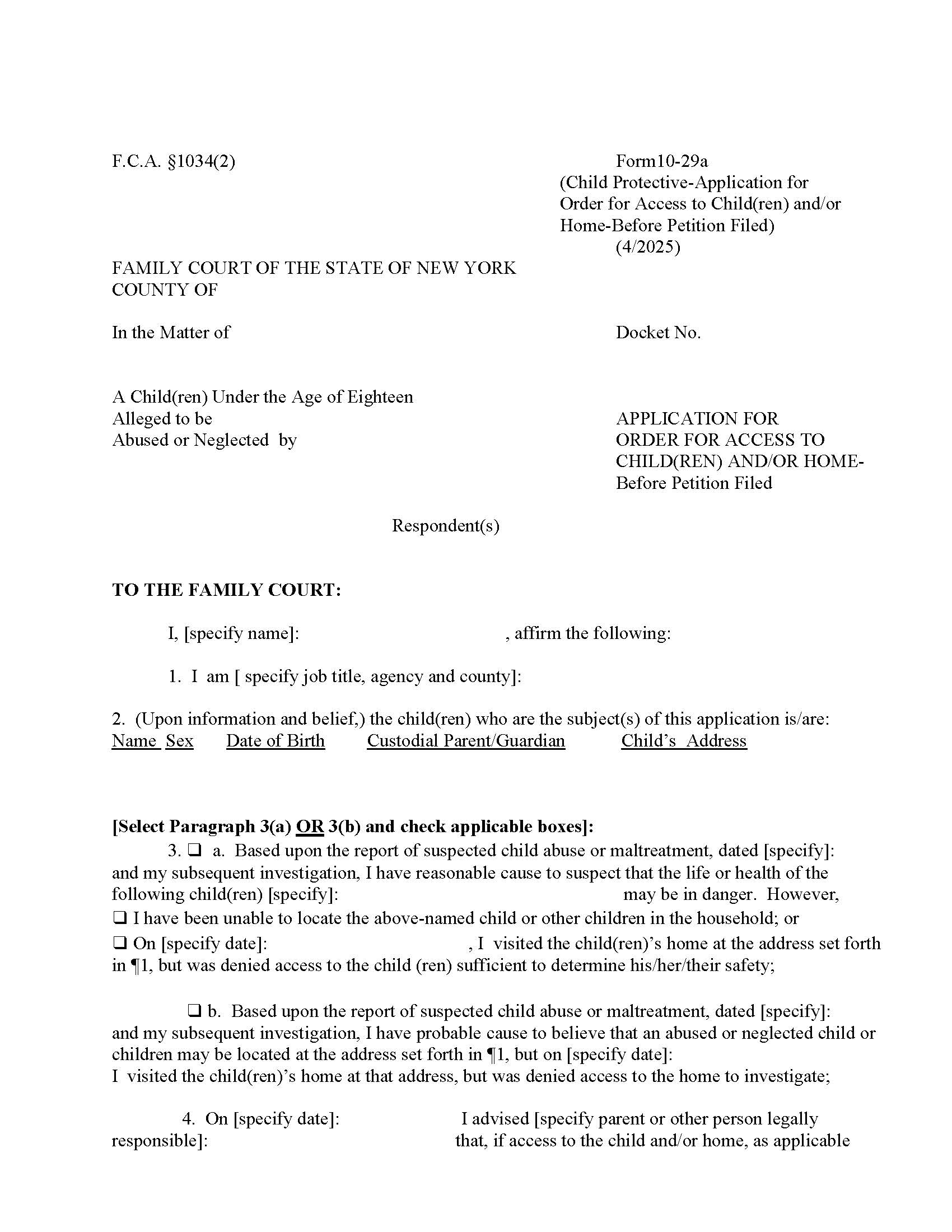 Application For Order For Access To Child(ren) And-Or Home - Before Petition Filed {10-29a} | Pdf Fpdf Doc Docx | New York