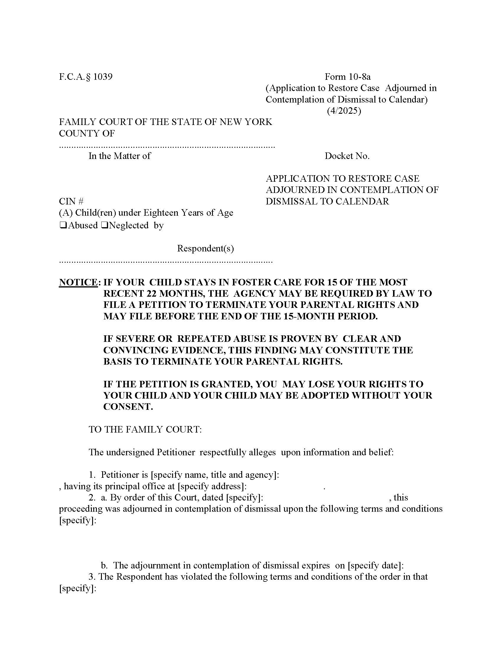 Application To Restore Case Adjourned In Contemplation Of Dismissal To Calendar {10-8a} | Pdf Fpdf Doc Docx | New York