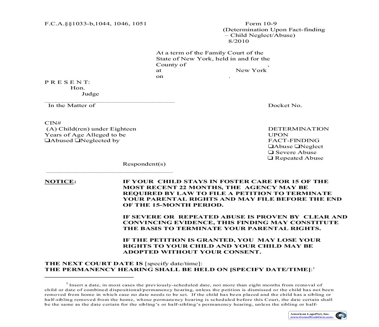 Determination Upon Fact Finding (Abuse Neglect Severe Abuse Repeated Abuse) {10-9} | Pdf Fpdf Doc Docx | New York