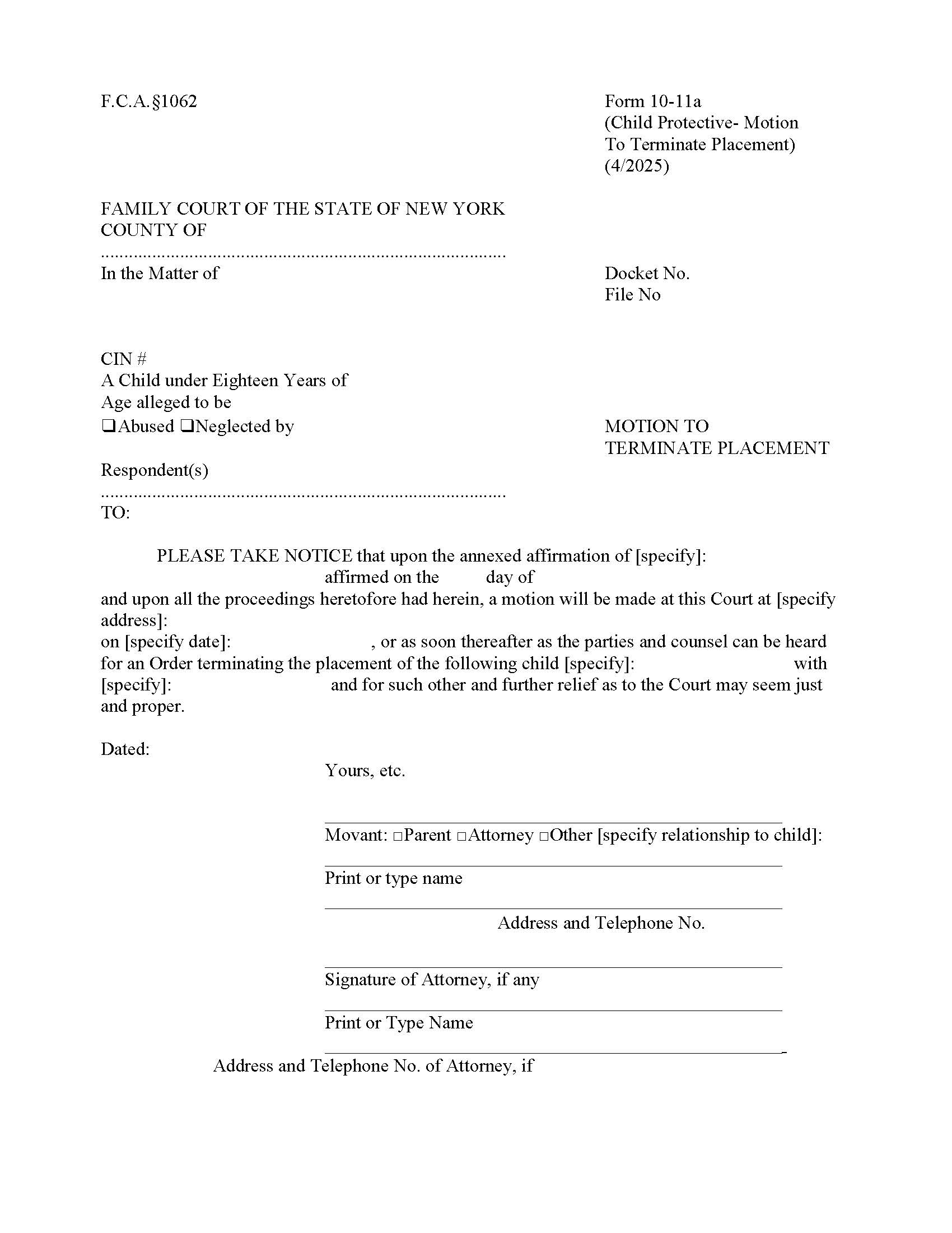 Motion To Terminate Placement {10-11a} | Pdf Fpdf Doc Docx | New York