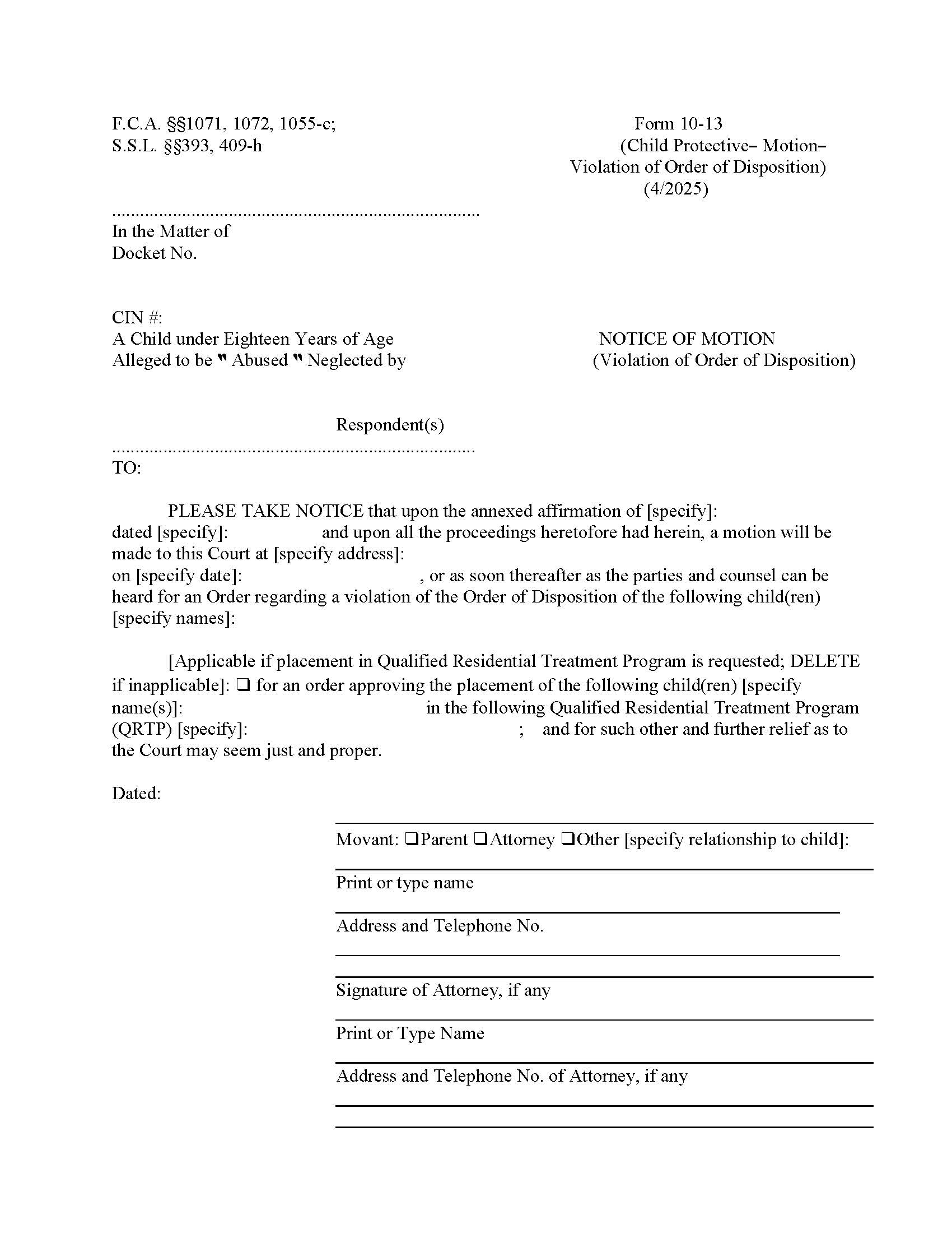 Notice Of Motion (Violation Of Order Of Disposition) {10-13} | Pdf Fpdf Doc Docx | New York