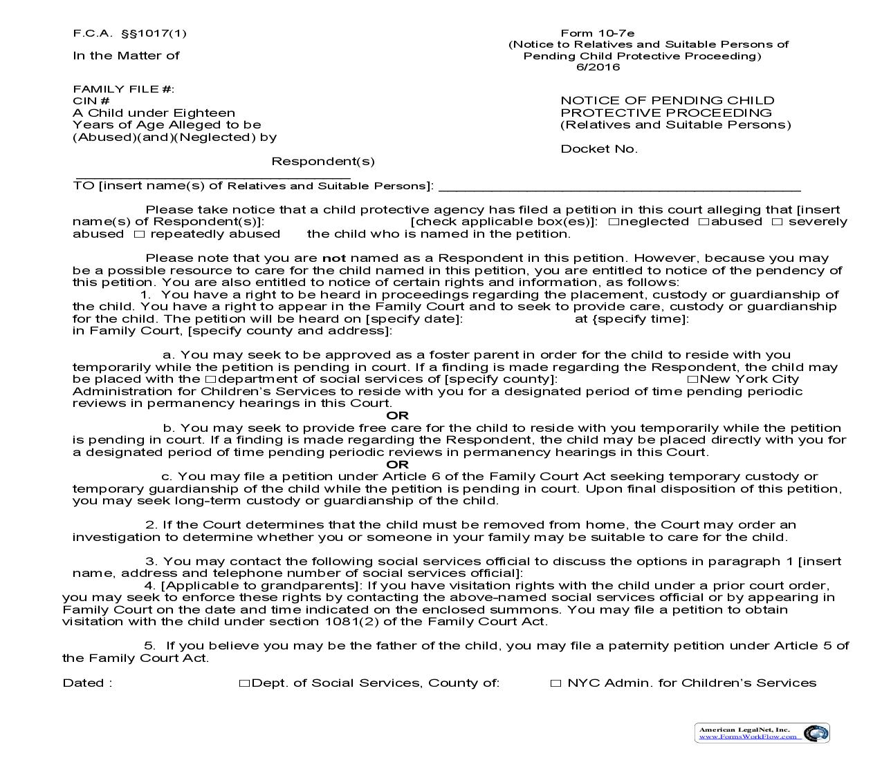 Notice Of Pending Child Protective Proceeding (Relatives And Suitable Persons) {10-7e} | Pdf Fpdf Doc Docx | New York