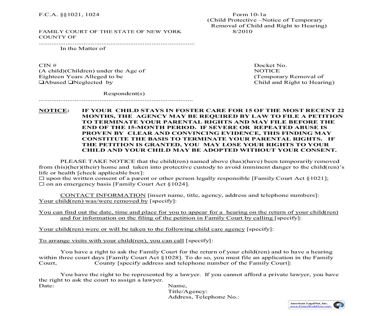 Notice Temporary Removal Of Child And Right To Hearing {10-1a} | Pdf Fpdf Doc Docx | New York
