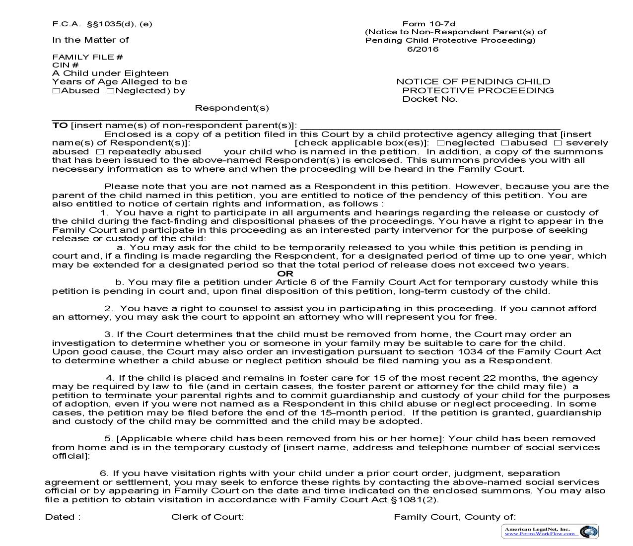 Notice To Non-Respondent Parent(s) Of Pending Child Protective Proceeding {10-7d} | Pdf Fpdf Doc Docx | New York