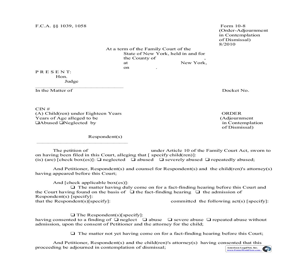 Order Adjournment In Contemplation Of Dismissal {10-8} | Pdf Fpdf Doc Docx | New York