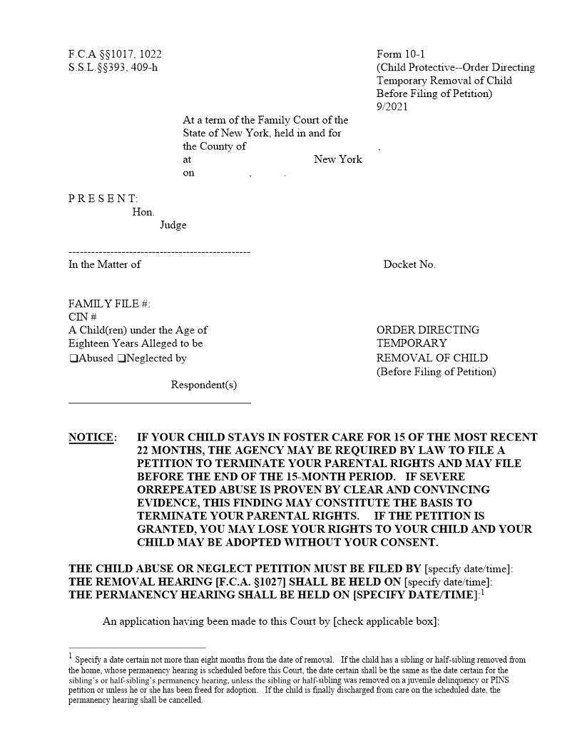 Order Directing Temporary Removal Of Child Before Filing Of Petition {10-1} | Pdf Fpdf Doc Docx | New York