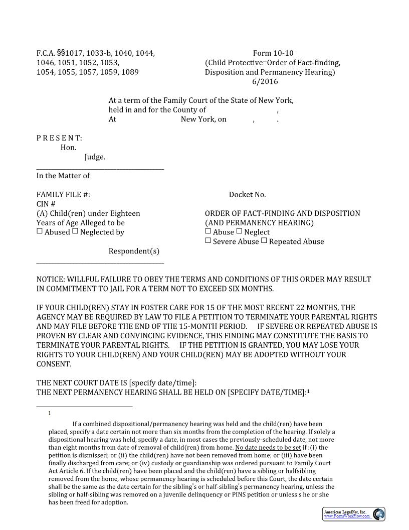 Order Of Fact Finding And Disposition And Permanency Hearing {10-10} | Pdf Fpdf Docx | New York
