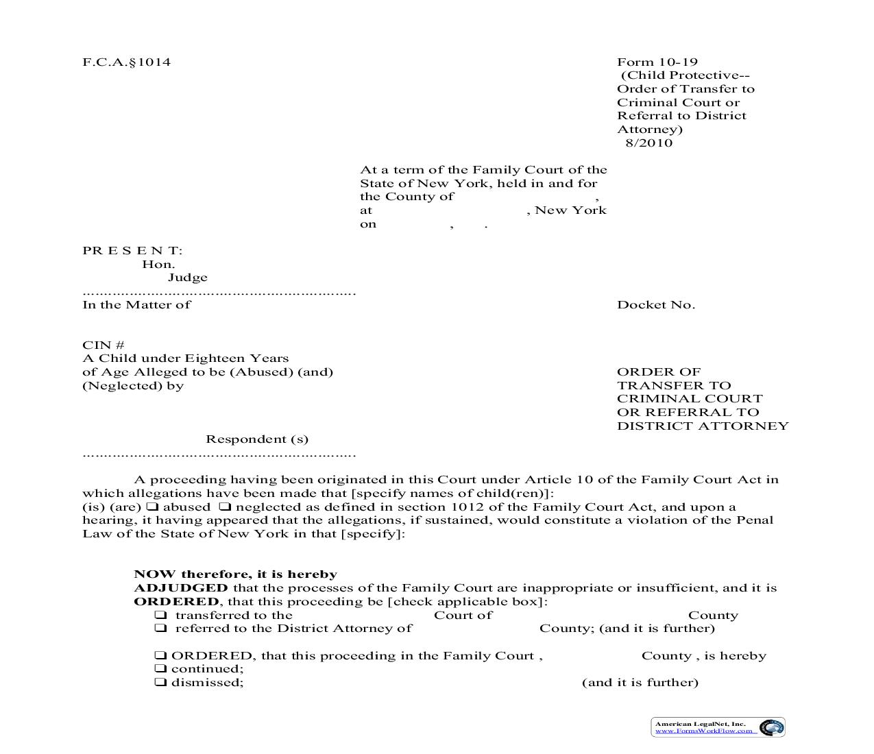 Order Of Transfer To Criminal Court Or Referral To District Attorney {10-19} | Pdf Fpdf Doc Docx | New York