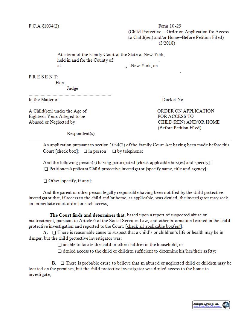 Order On Application For Access To Child(ren) And-Or Home (Before Petition Filed) {10-29} | Pdf Fpdf Docx | New York