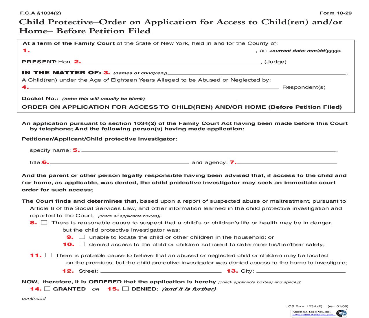 Order On Application For Access To Child(ren) And-Or Home (Before Petition Filed-Off Hours) {10-29 off hours} | Pdf Fpdf Doc Docx | New York