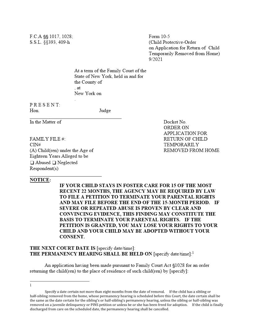 Order On Application For Return Of Child Temporarily Removed From Home {10-5} | Pdf Fpdf Doc Docx | New York