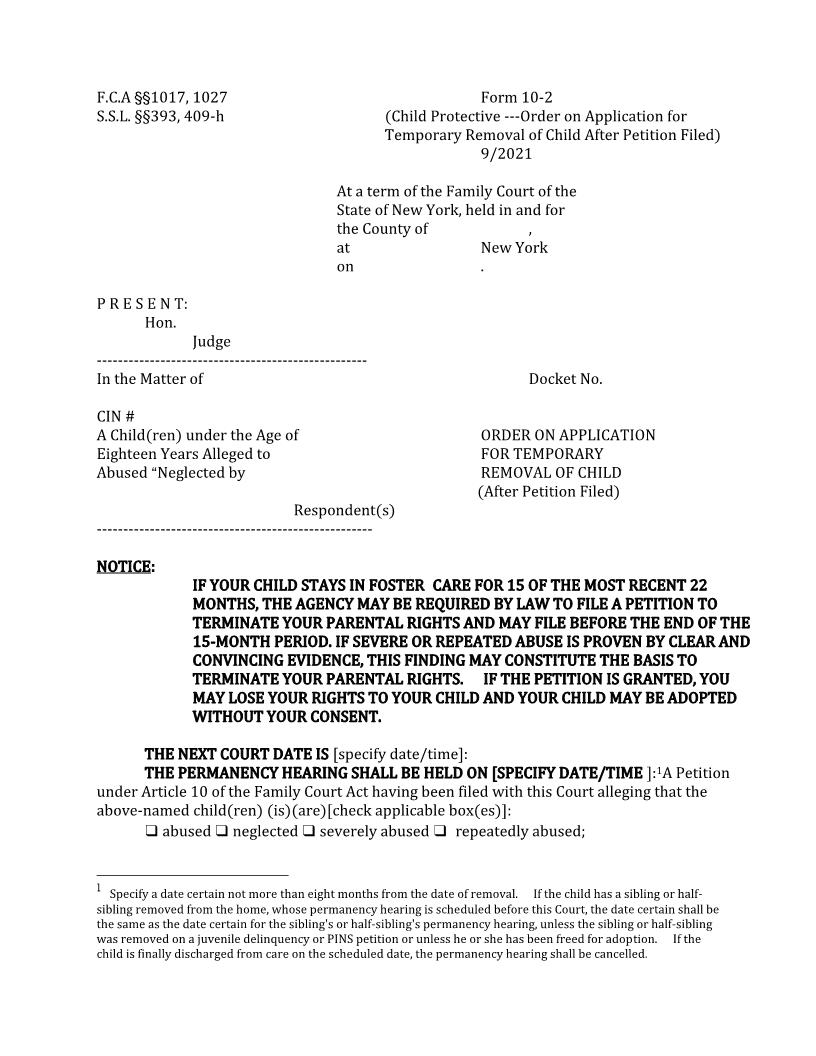 Order On Application For Temporary Removal Of Child After Petition Filed {10-2} | Pdf Fpdf Doc Docx | New York