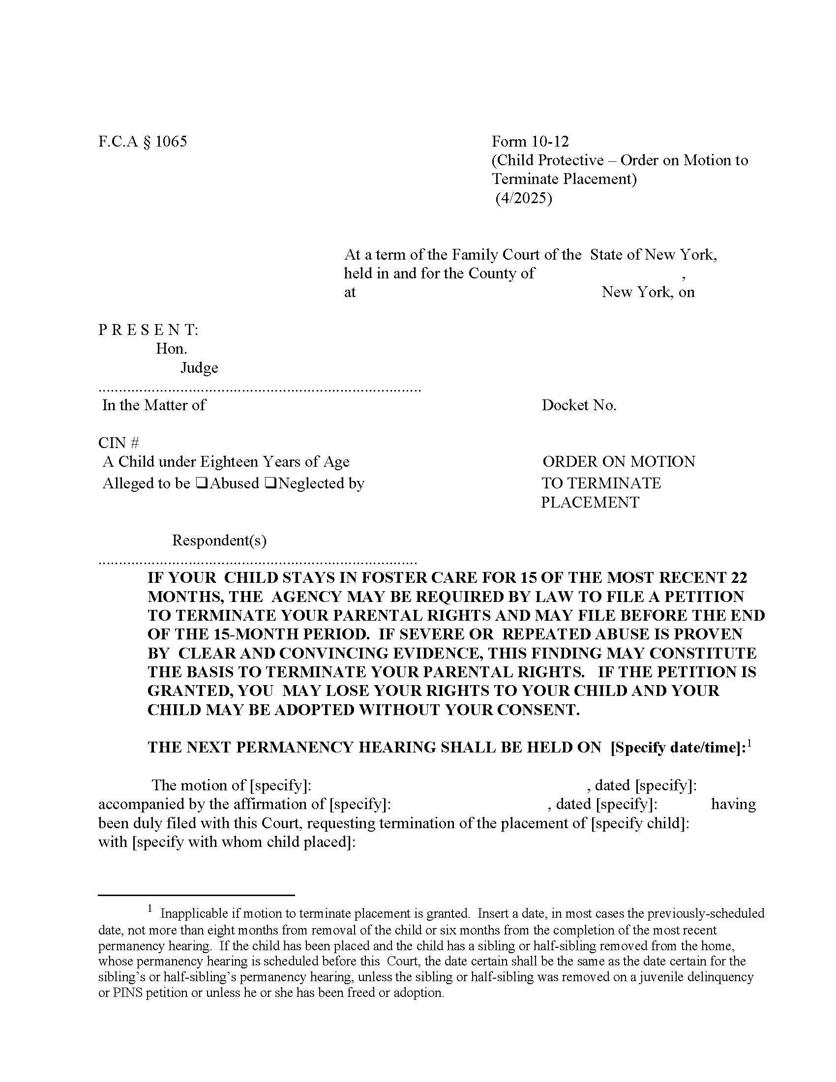 Order On Motion To Terminate Placement {10-12} | Pdf Fpdf Doc Docx | New York