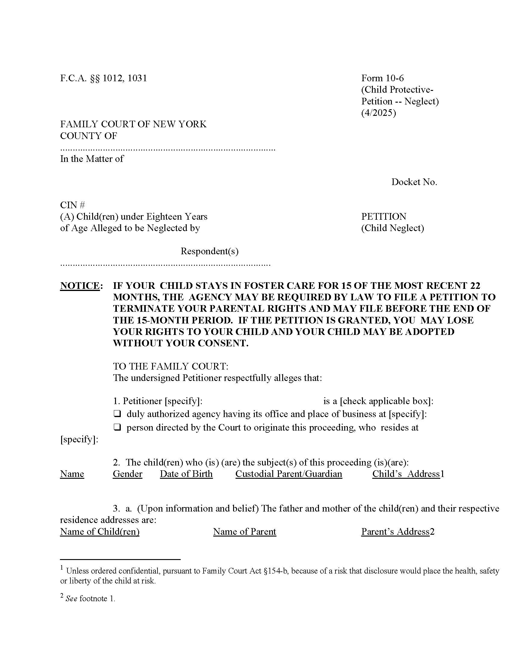 Petition (Child Neglect) {10-6} | Pdf Fpdf Doc Docx | New York
