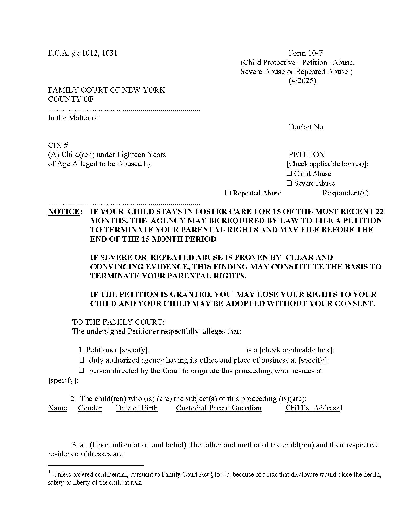 Petition Child Abuse Severe Abuse Repeated Abuse {10-7} | Pdf Fpdf Doc Docx | New York