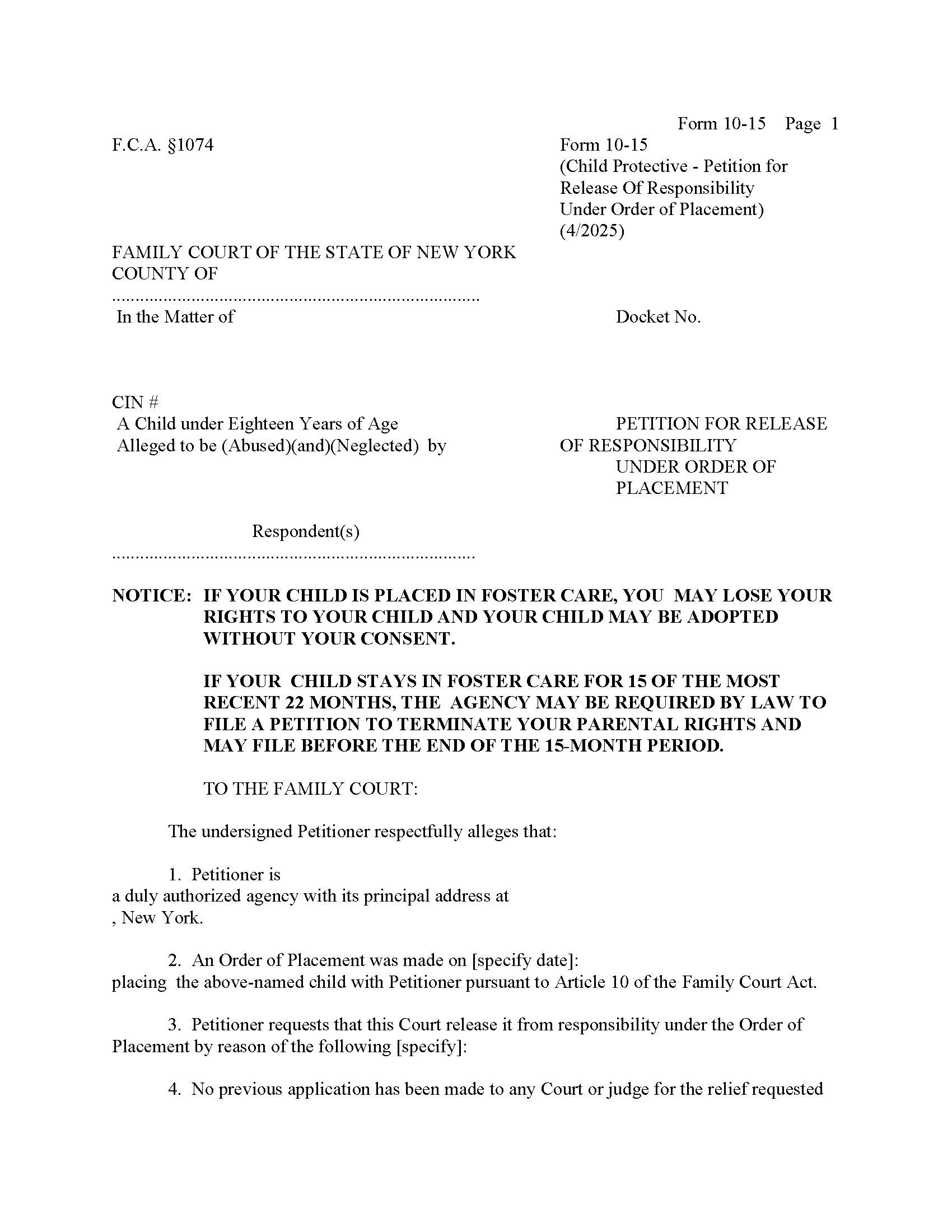 Petition For Release Of Responsibility Under Order Of Placement {10-15} | Pdf Fpdf Doc Docx | New York