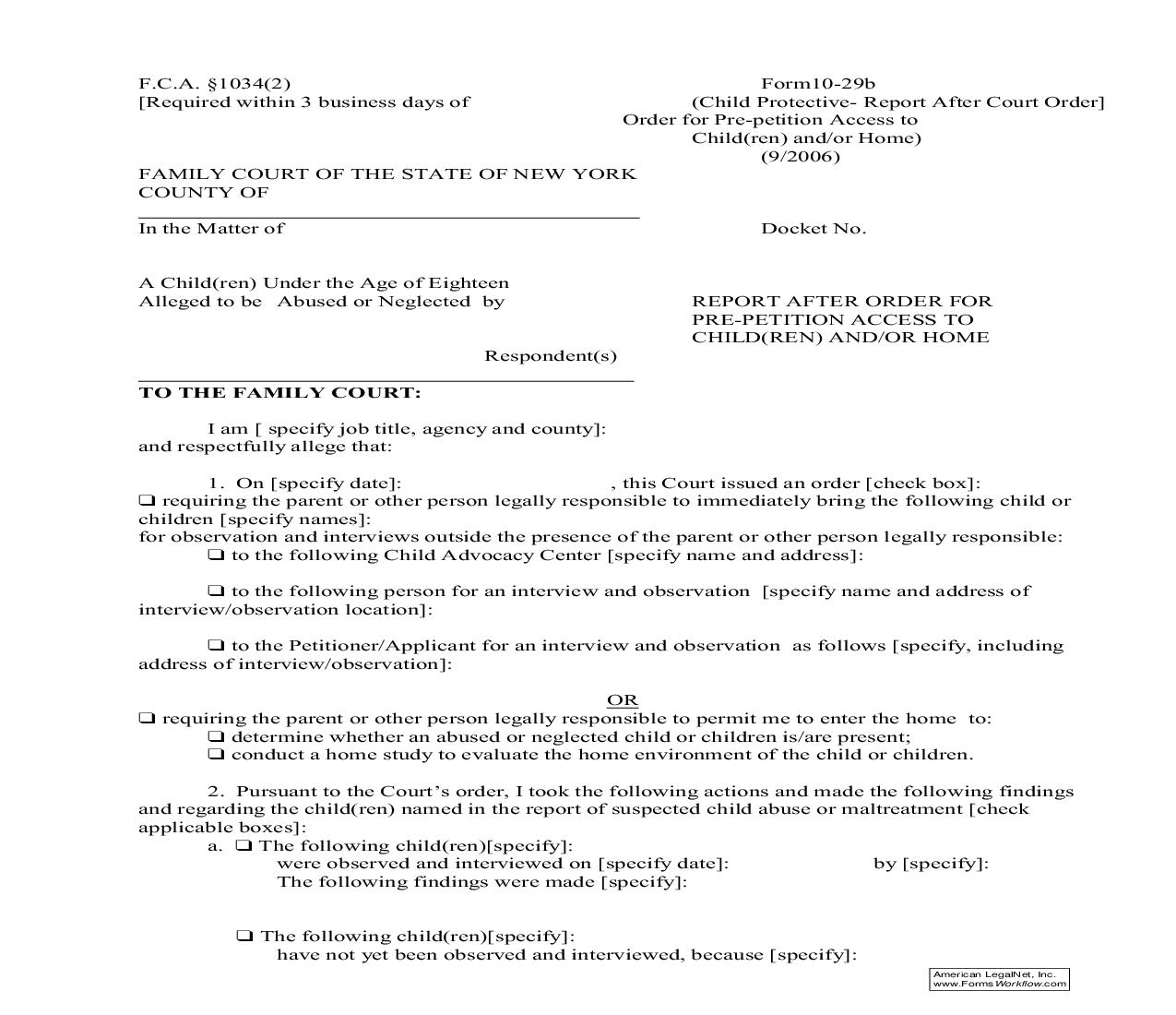 Report After Order For Pre-Petition Access To Child(ren) And-Or Home {10-29b} | Pdf Fpdf Doc Docx | New York