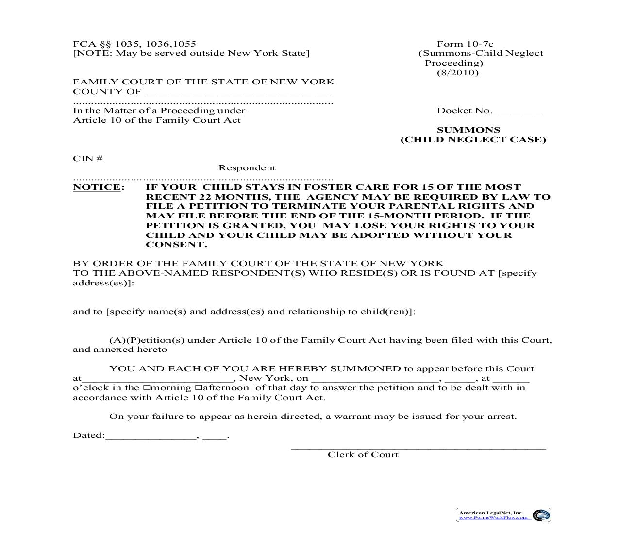 Summons (Child Neglect Case) {10-7c} | Pdf Fpdf Doc Docx | New York