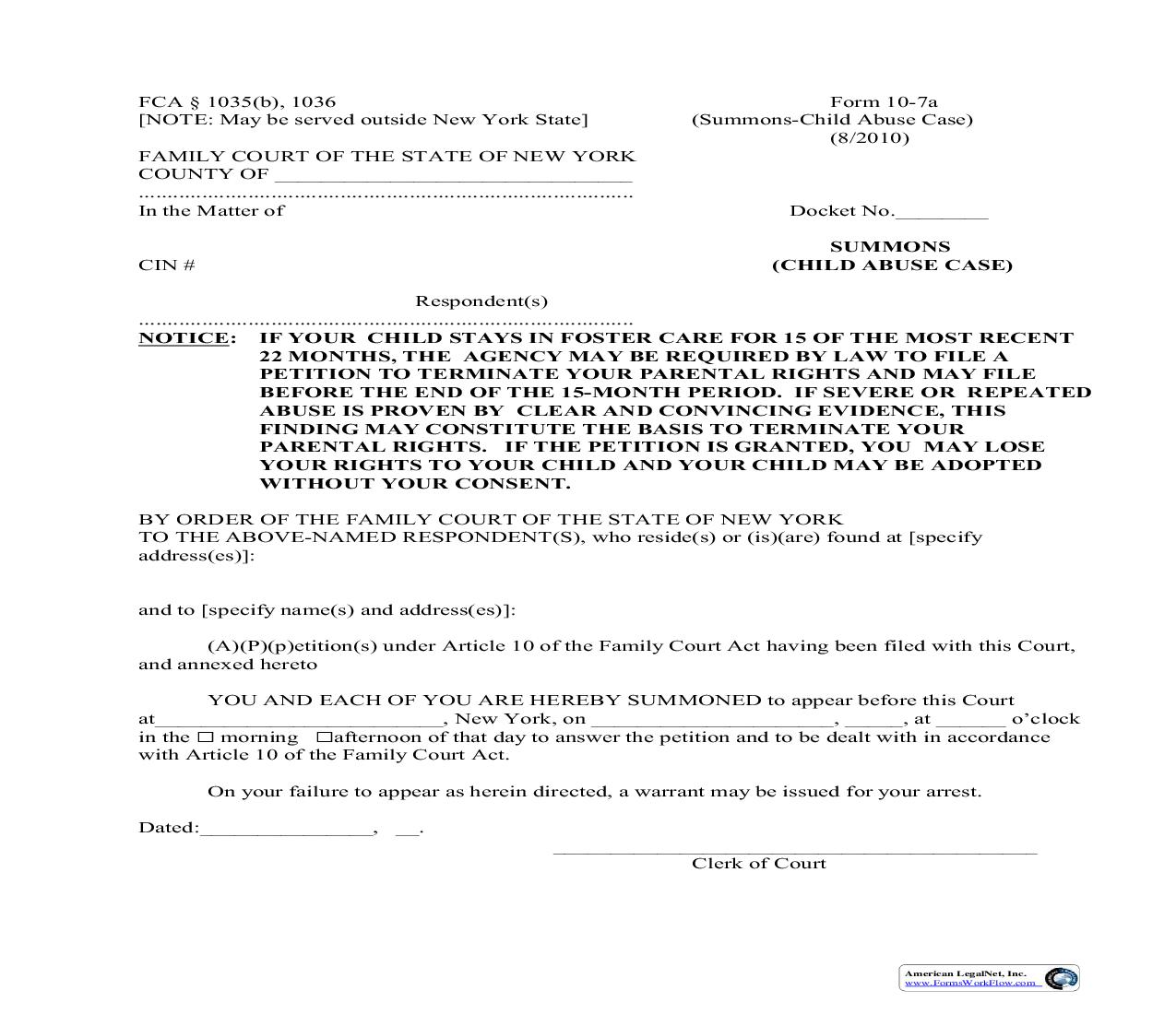 Summons Child Abuse Case {10-7a} | Pdf Fpdf Doc Docx | New York
