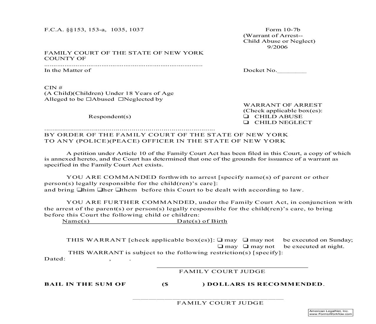 Warrant Of Arrest (Child Abuse Or Neglect) {10-7b} | Pdf Fpdf Doc Docx | New York