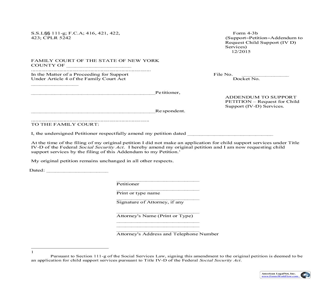 Addendum To Support Petition - Request For Child Support (IV-D) {4-3b} | Pdf Fpdf Doc Docx | New York